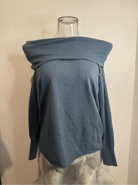 SUNDAYS Off the Shoulder Cowl Neck Sweatshirt. Small. Dusty Grey Blue.